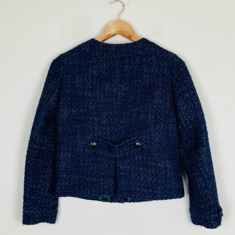 J. Crew navy blue tweed round neck button front lady jacket with frayed edges. 2 - Picture 6 of 8